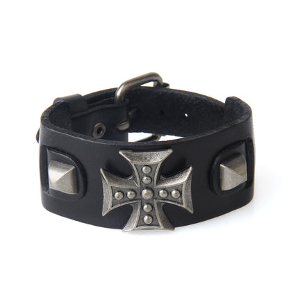 Cross Wide Genuine Leather Wrap Bracelet for and / Biker Jewelry