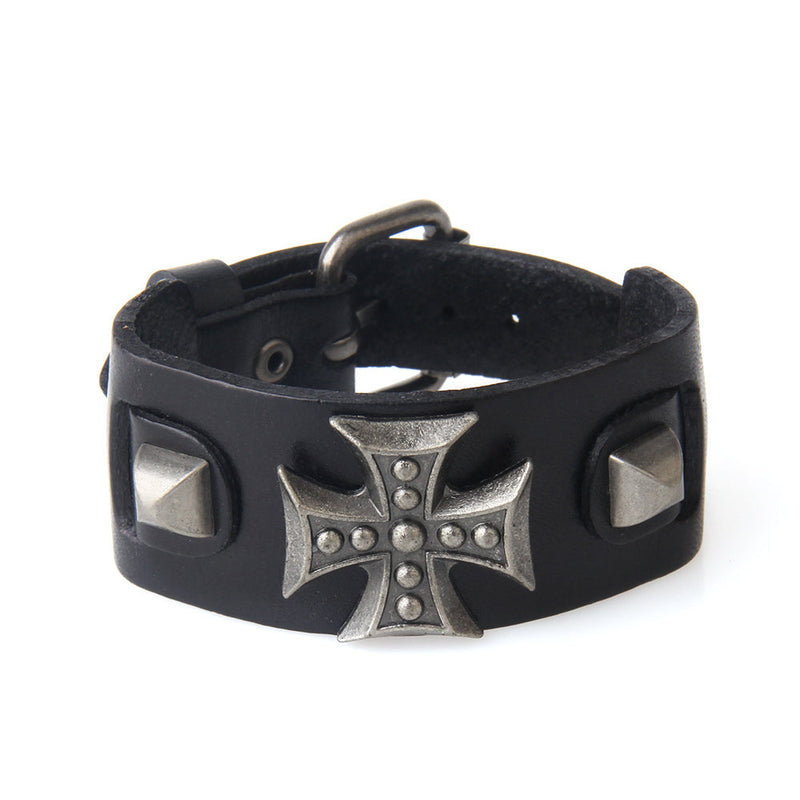 Cross Wide Genuine Leather Wrap Bracelet for and / Biker Jewelry