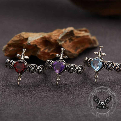 Cross Rose Heart Shape Crystal Sterling Silver Ring