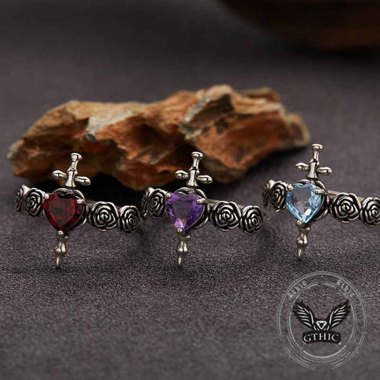 Cross Rose Heart Shape Crystal Sterling Silver Ring