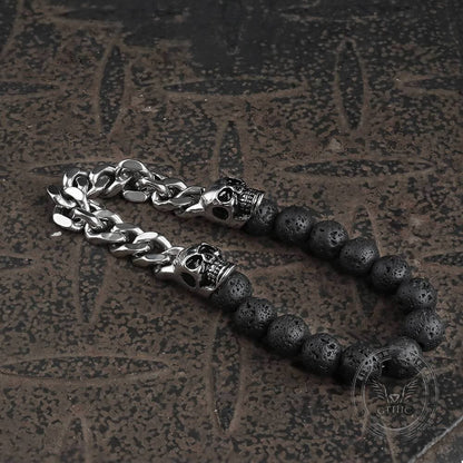 Cuban Chain and Volcanic Rock Skull Bracelet