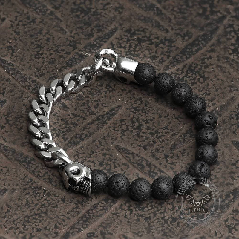 Cuban Chain and Volcanic Rock Skull Bracelet
