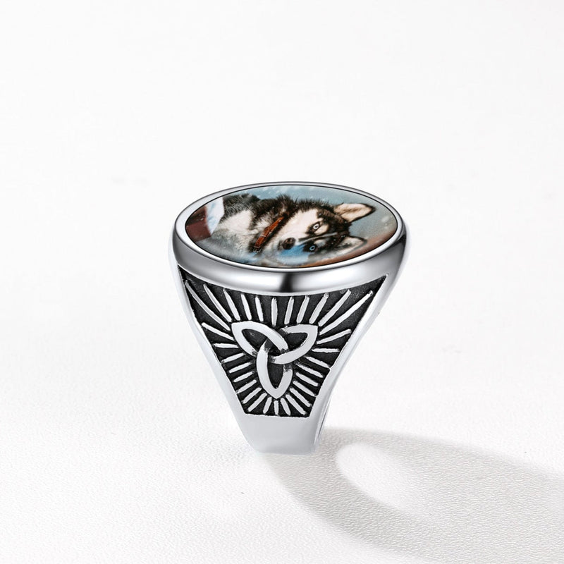 Personalized Custom Celtic Triquetra Signet Ring With Photo for
