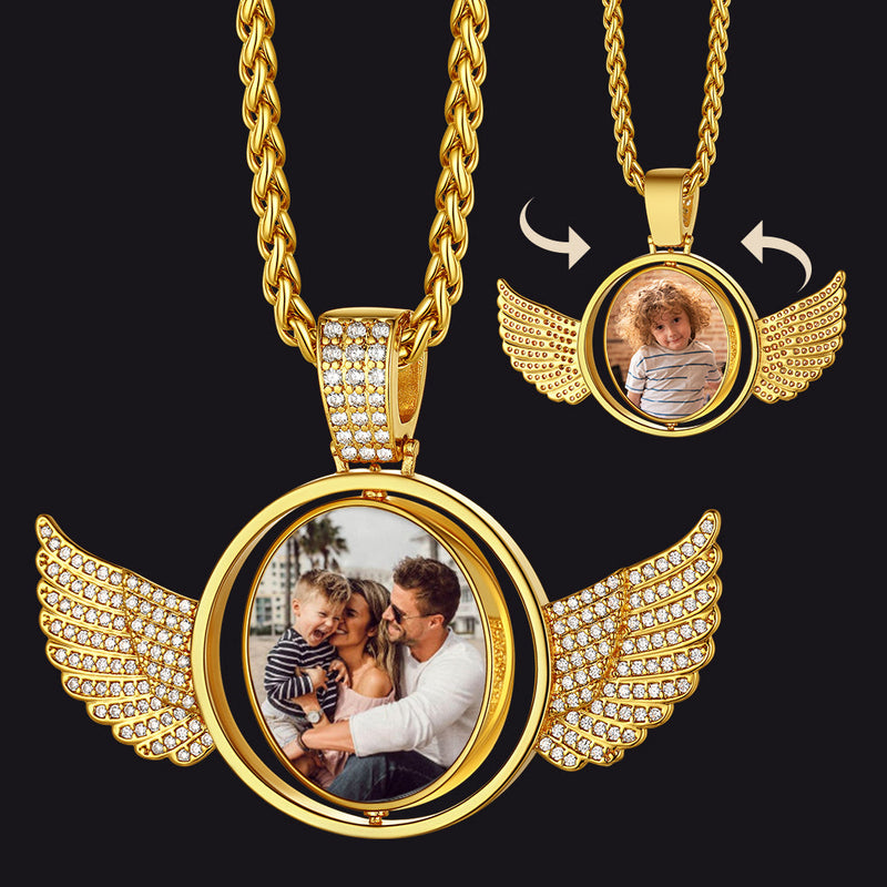 Custom Double-sided Picture Photo Circle Chain Necklace With Angel Wings for