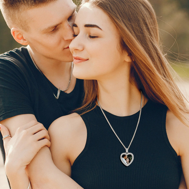 Sterling Silver Personalized Heart Picture Necklace Gift With Cubic Zirconia for