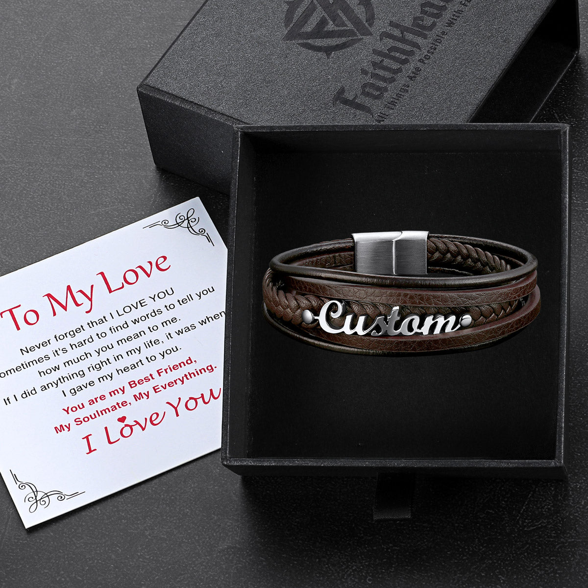 Custom Clasp Braided Leather Wristband Bracelet for Son Dad