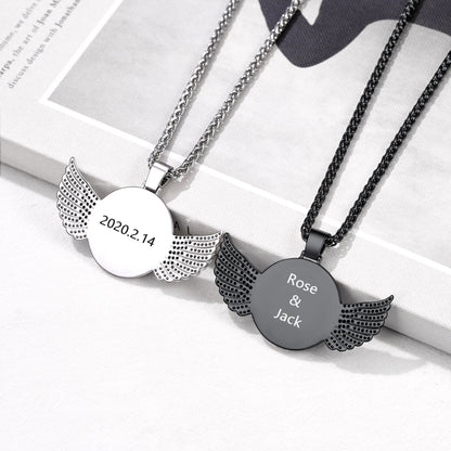 Customized Picture Circle Chain Necklace With Angel Wing Memorial Gift for