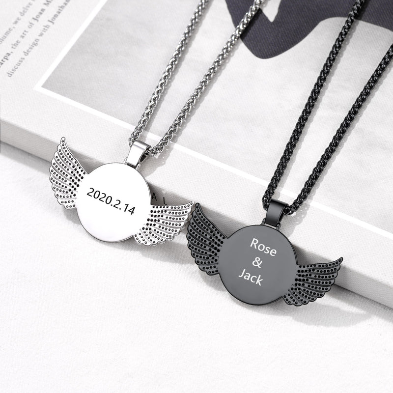 Customized Picture Circle Chain Necklace With Angel Wing Memorial Gift for