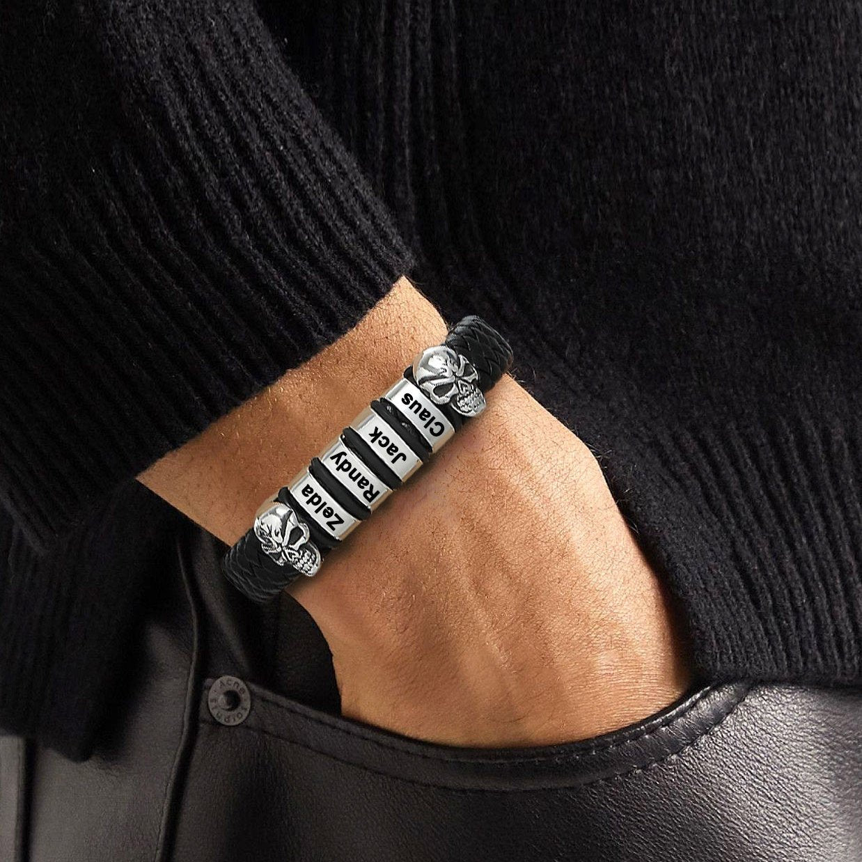 Personalized Name Beads Leather Bracelet With Skull for