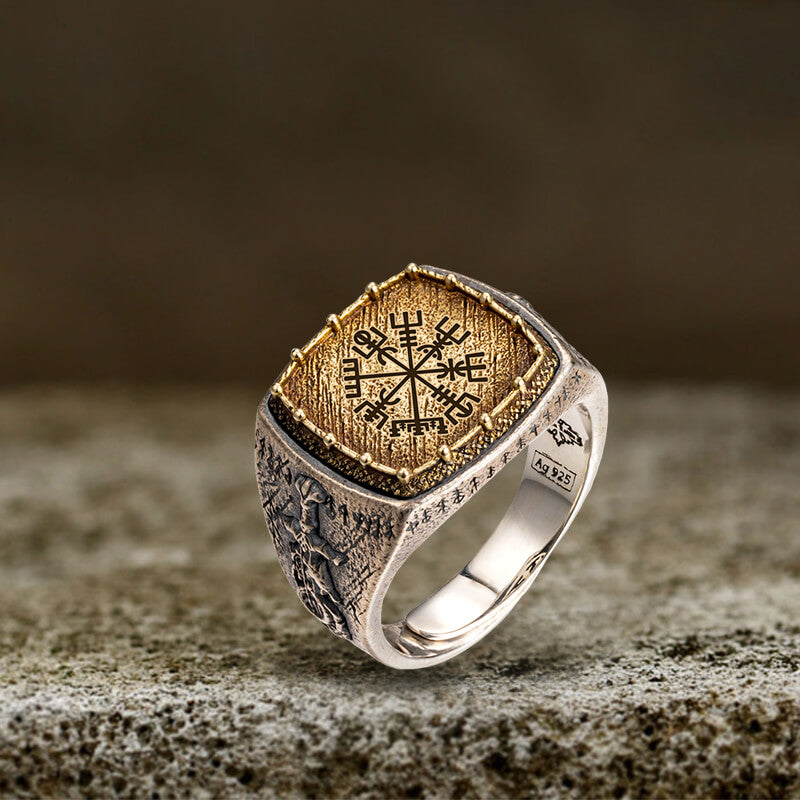 Custom Viking Symbols Sterling Silver Inlaid Brass Ring