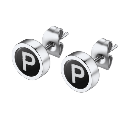 Personalized Black Enamel Initial Letter Stud Earrings for