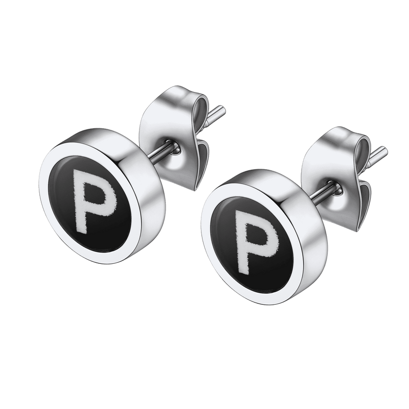 Personalized Black Enamel Initial Letter Stud Earrings for