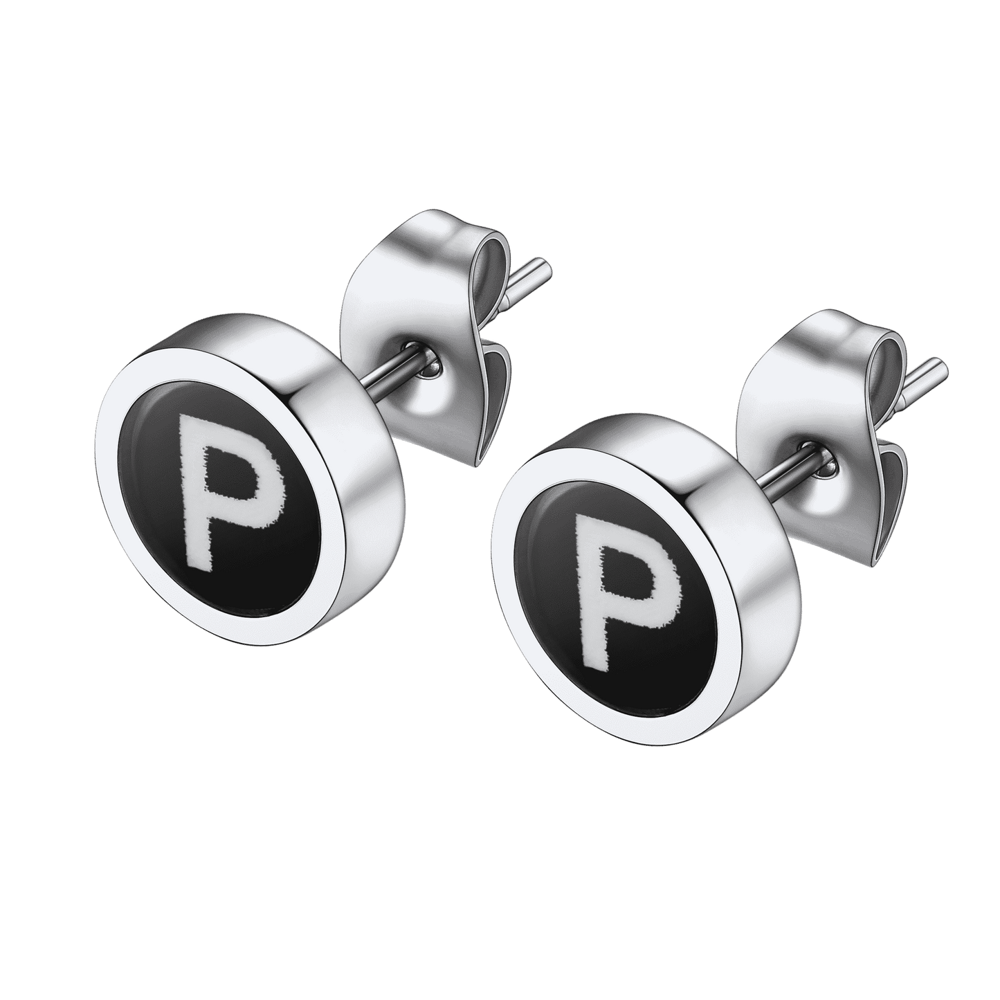 Personalized Black Enamel Initial Letter Stud Earrings for
