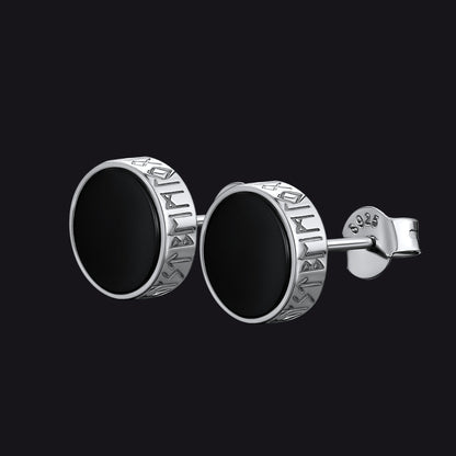 Sterling Silver Viking Runes Black Onyx Stud Earrings for