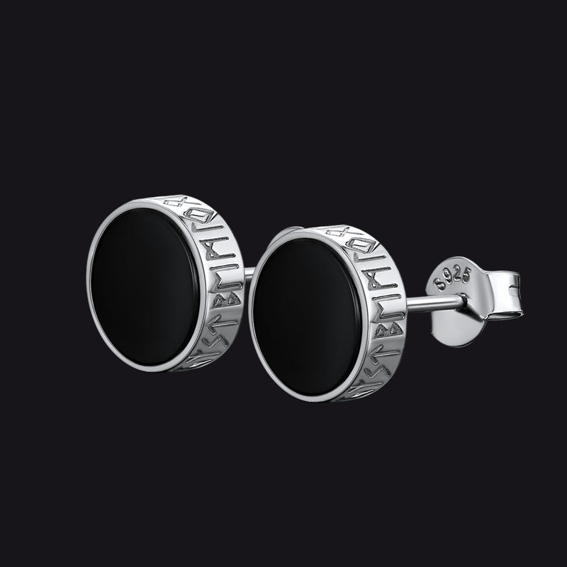 Sterling Silver Viking Runes Black Onyx Stud Earrings for
