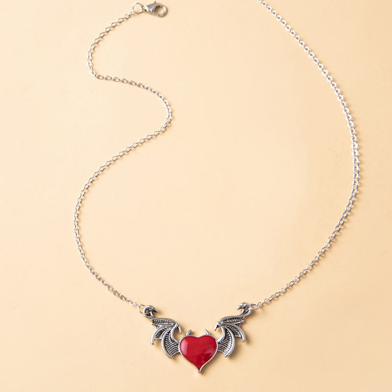 Crimson Devil Heart Winged Necklace