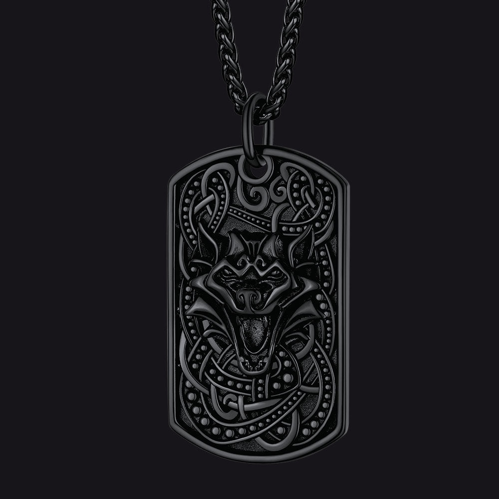 Engraved Viking Celtic Wolf Dog Tag Necklace for