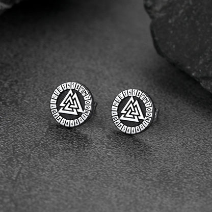 Viking Valknut Black Stud Earrings for With Runes