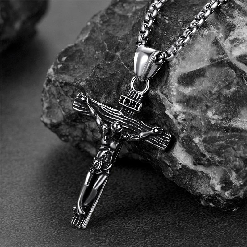 Flat Box Chain & Jesus Cross Layered Necklaces Set for