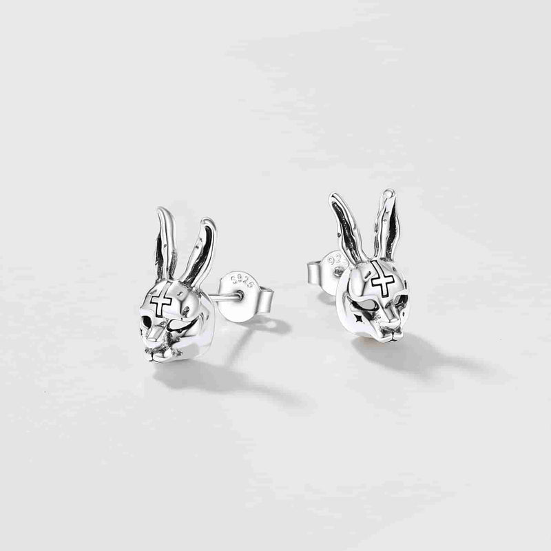 Halloween Silver Evil Bunny Stud Earrings for