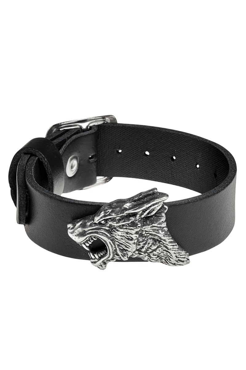 Dark Leather Wrist Strap With Pewter Wolf Head