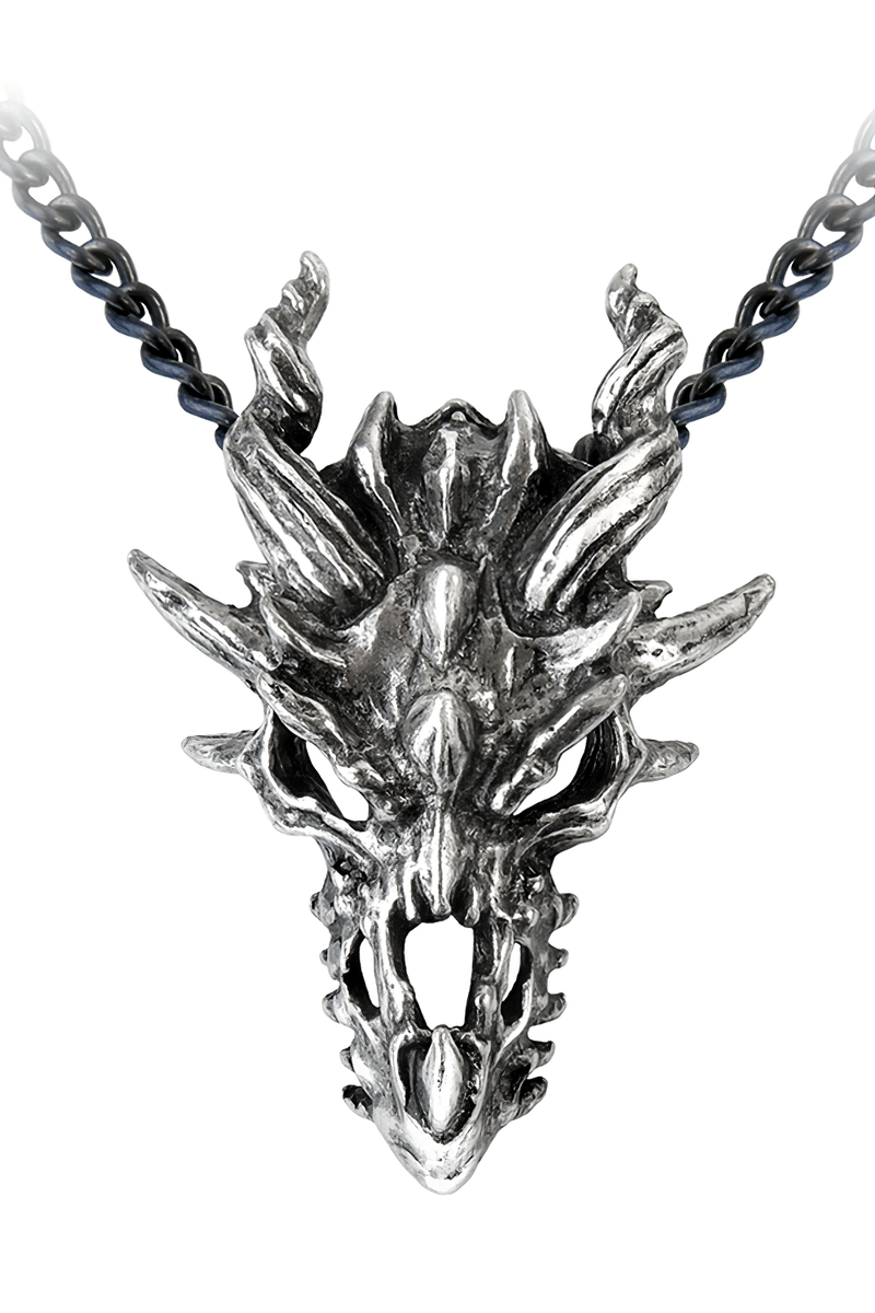 Dark Spiked Dragon Skull Pendant With Gothic Chain