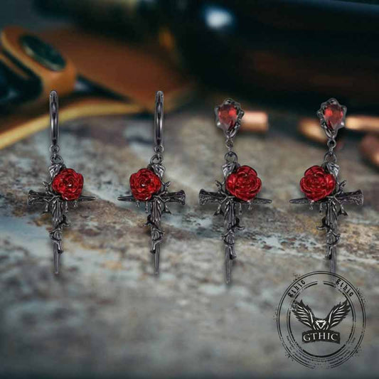 Dark Gothic Thorn Rose Cross Zinc Alloy Earrings