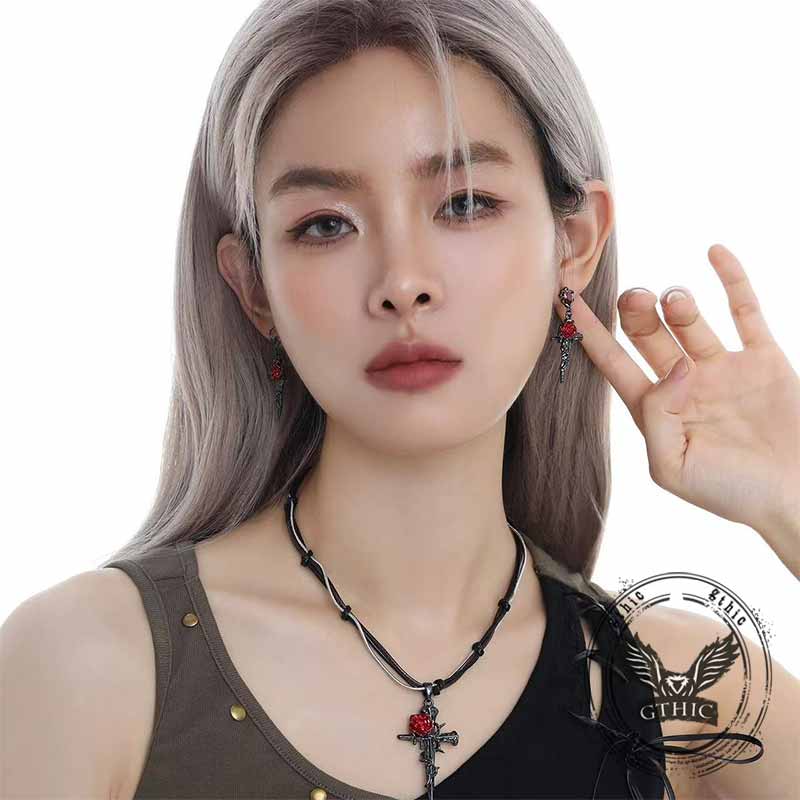 Dark Gothic Thorn Rose Cross Zinc Alloy Earrings
