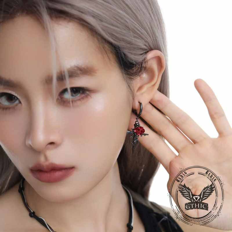 Dark Gothic Thorn Rose Cross Zinc Alloy Earrings