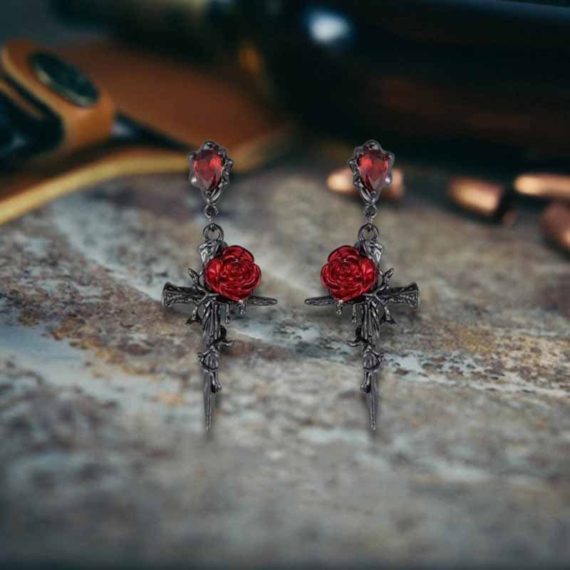 Dark Gothic Thorn Rose Cross Zinc Alloy Earrings