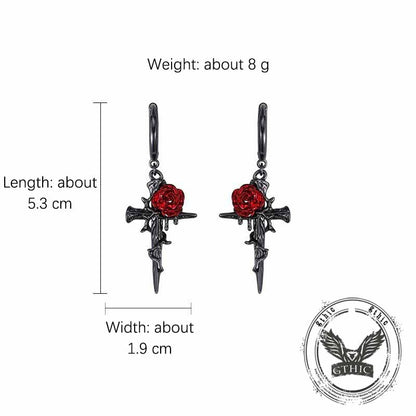 Dark Gothic Thorn Rose Cross Zinc Alloy Earrings