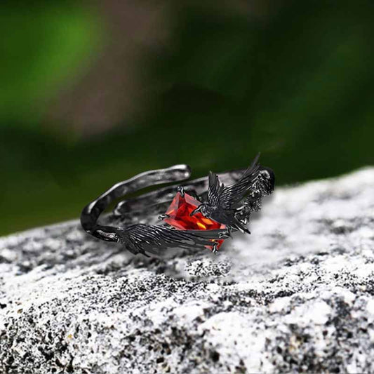 Dark Punk Crow Red Zircon Copper Open Ring