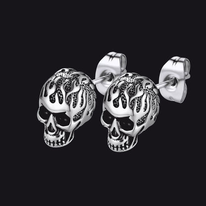 Gothic Flaming Skull Stud Earrings for