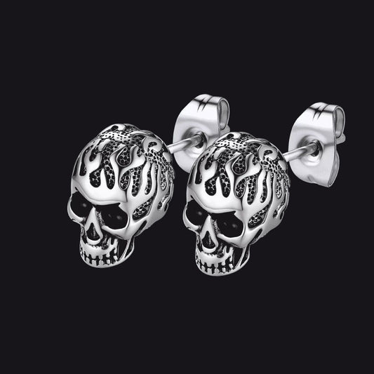 Gothic Flaming Skull Stud Earrings for