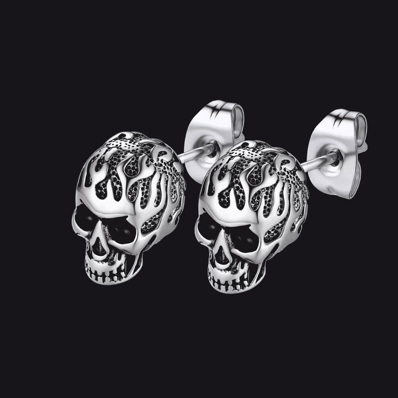Gothic Flaming Skull Stud Earrings for