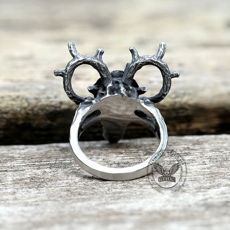 Deer and Rose Stainless Steel Skull Ring