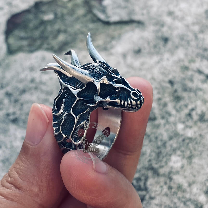 Devil Dragon Skull Sterling Silver Ring