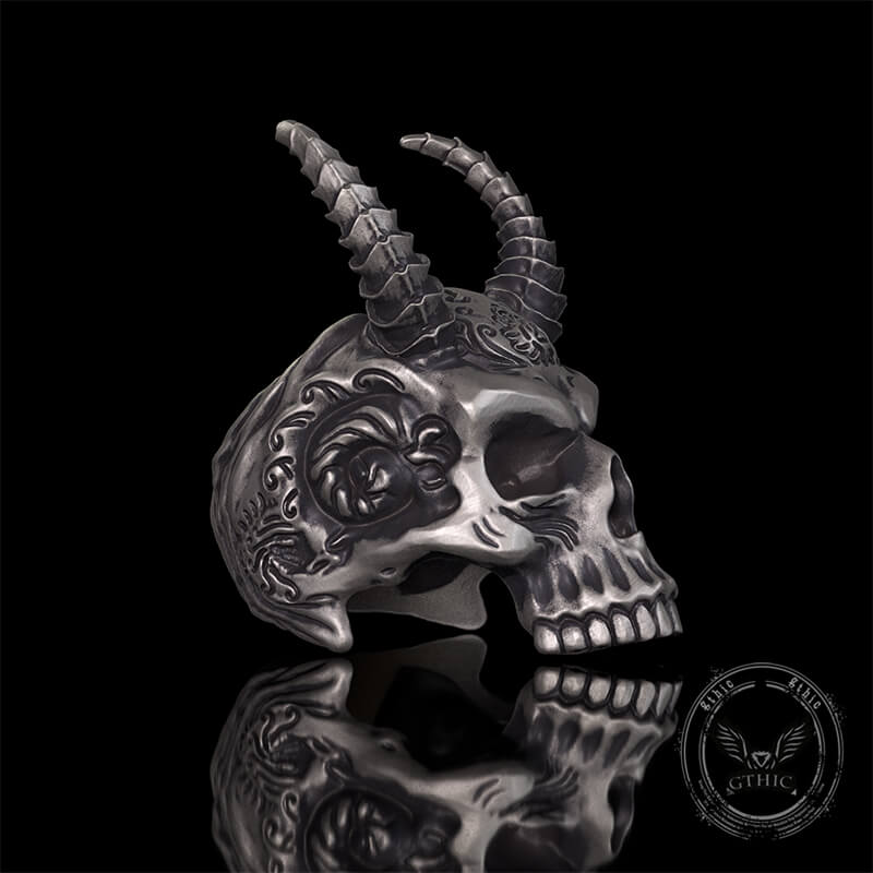 Devil Horned Skull Sterling Silver Gothic Ring