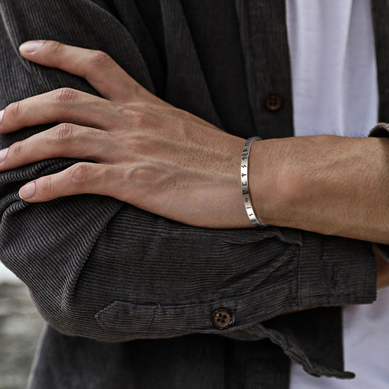 Norse Viking Runes Bangle Cuff Bracelet for