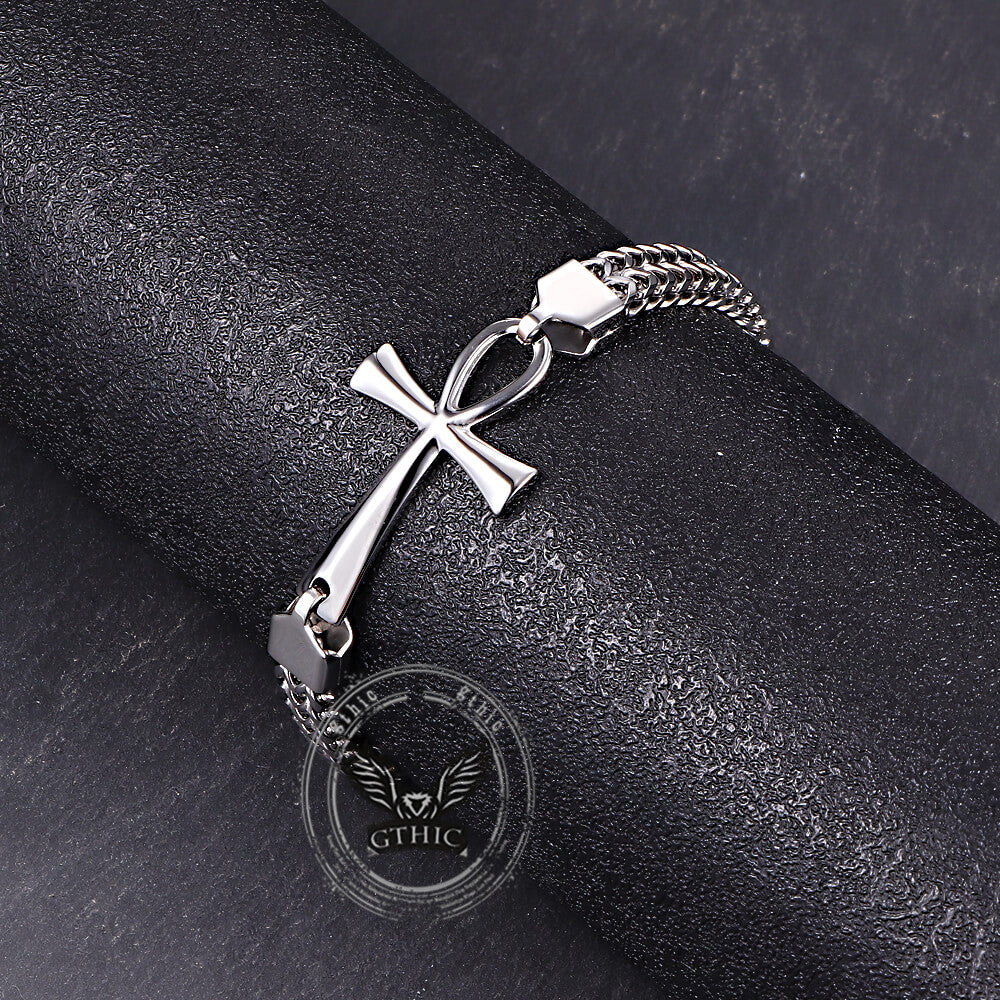 Double-row Chain Ankh Cross Stainless Steel Bracelet