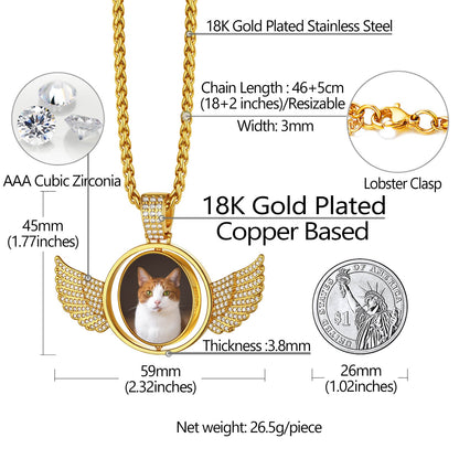 Custom Double-sided Picture Photo Circle Chain Necklace With Angel Wings for