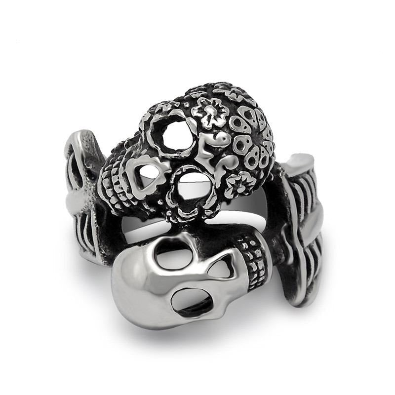 Double Skull Ring / Unique Design Stainless Steel Rings for Rocker / Biker Jewelry