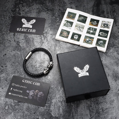 Double Skull Braided Stainless Steel Magnetic Buckle Leather Bracelet