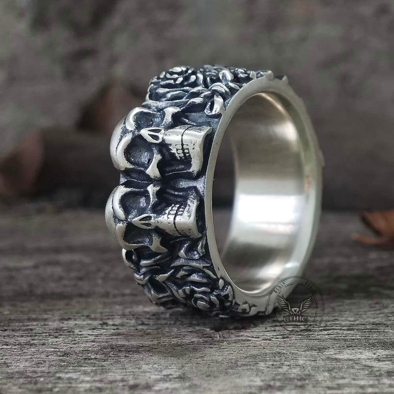 Double Skull Rose Vine Sterling Silver Ring