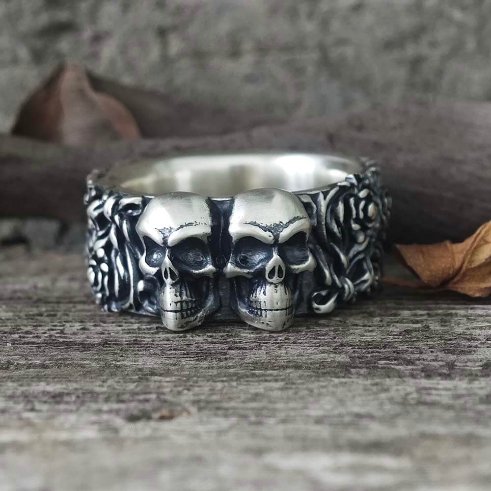 Double Skull Rose Vine Sterling Silver Ring