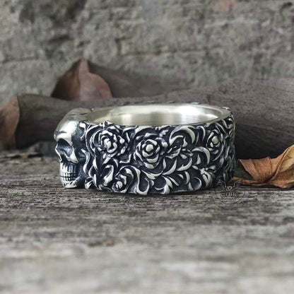Double Skull Rose Vine Sterling Silver Ring