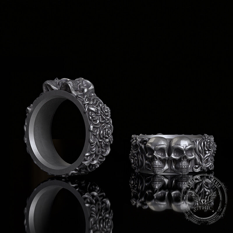 Double Skull Rose Vine Sterling Silver Ring