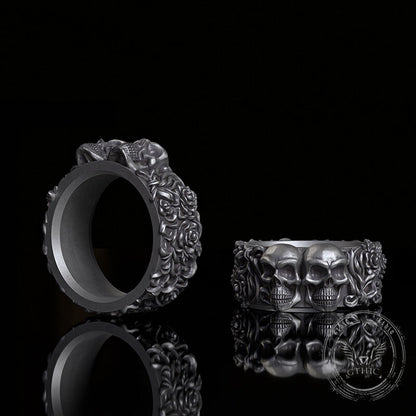 Double Skull Rose Vine Sterling Silver Ring