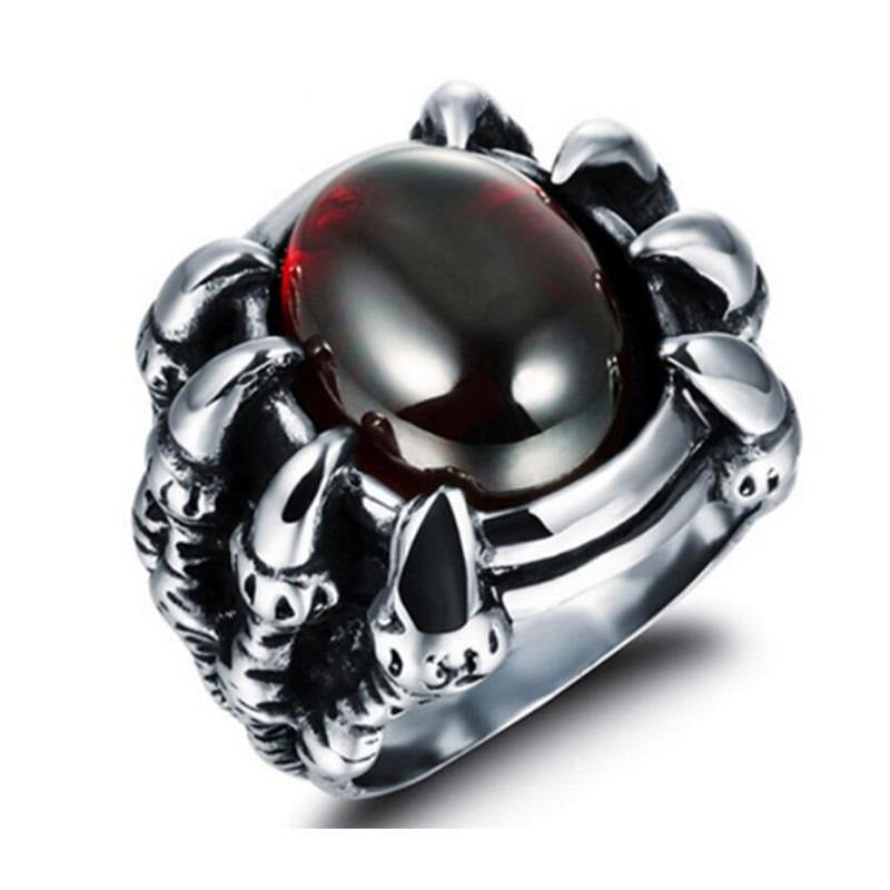 Dragon Claw Stainless Steel Ring With Red Cz Cubic Zirconia / Silver Color Tone / Gothic Jewelry