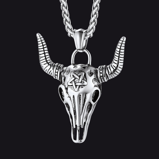 Flash Satanic Bull Cow Skull Necklace With Invert Pentagram for